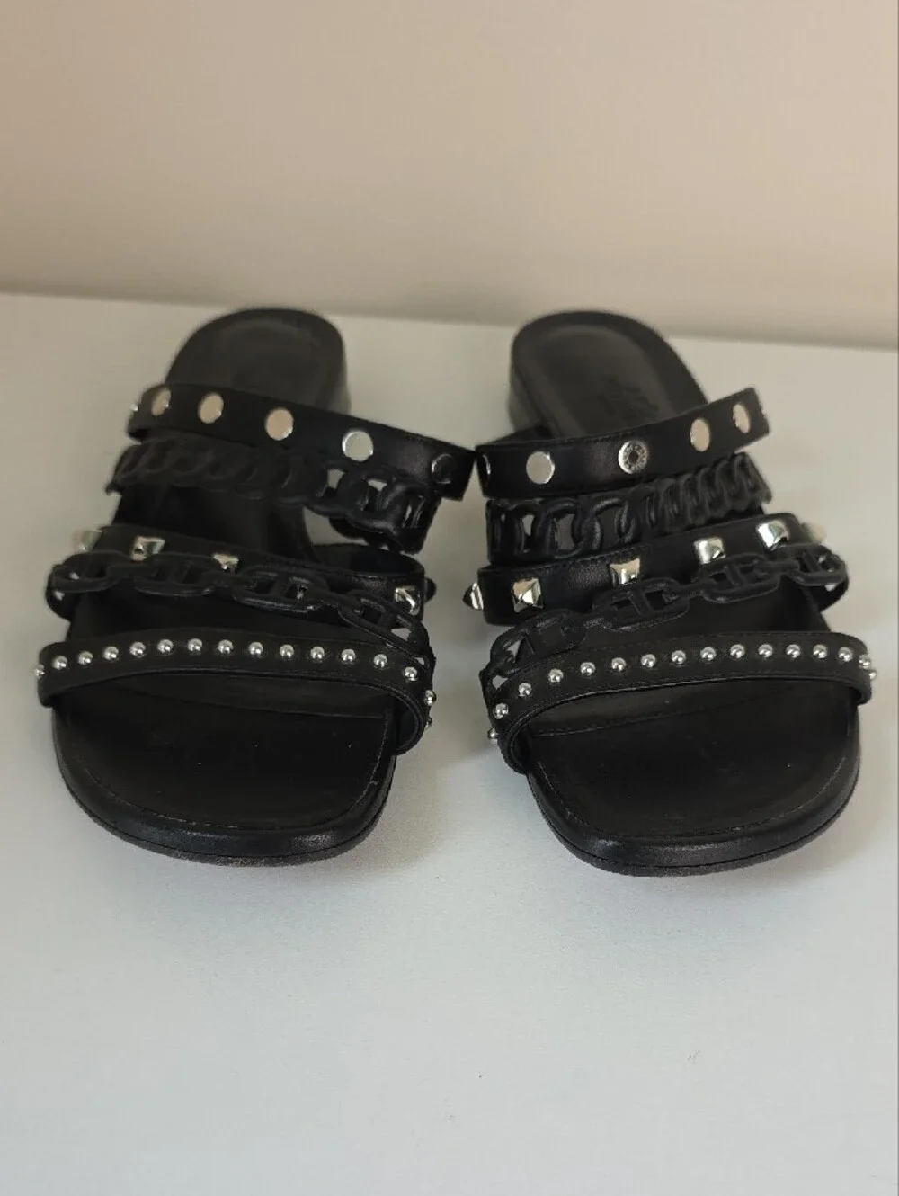 Hermes Black Studded Chain-Strap Slide Sandals.  Size 38.  US Size 7 1/2